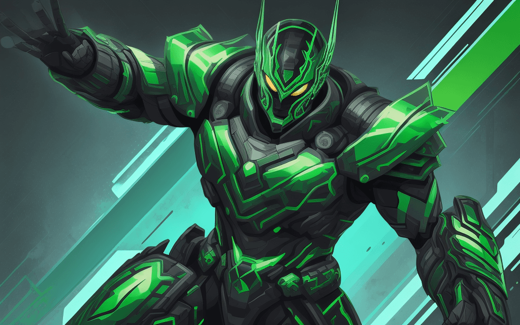 AI generated: brutal man warrior is falling, futuristic, metallic green armor, vector aesthetics, hyper colorful, ...