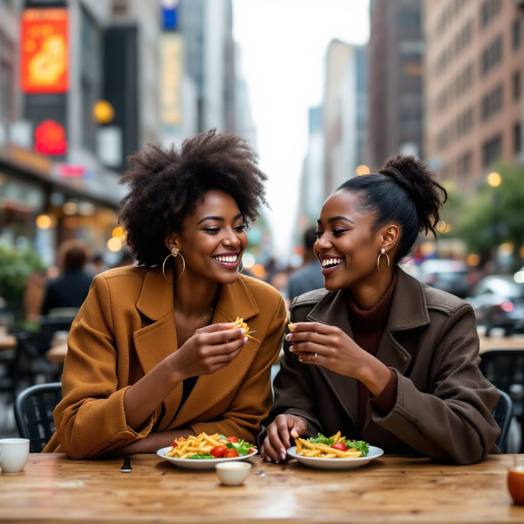 AI generated: two black modern women having lunch in the heart of a bustling city