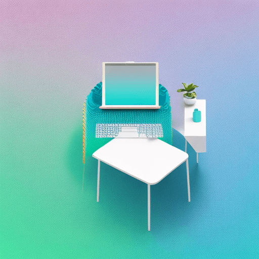 AI generated: clean gradient knolling 3D illustration design for small ad agency office, desk, computer, chair,  c...