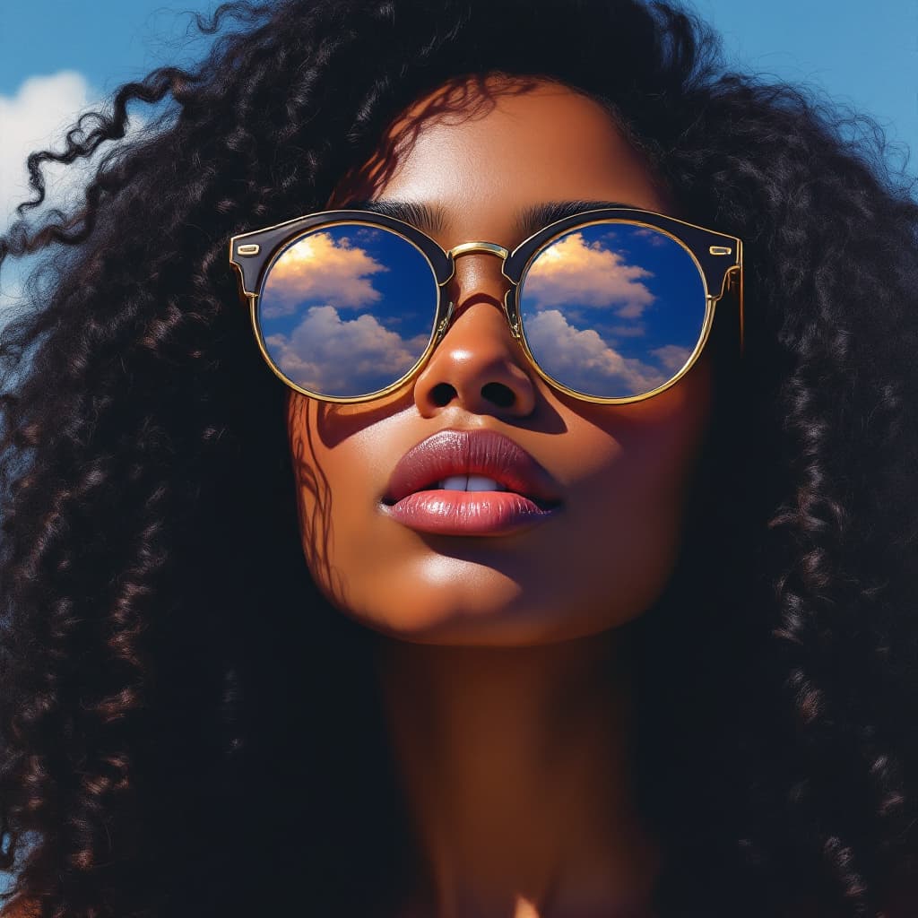 AI generated: portrait of a young african woman with black long curvy hair wearing round glasses, a blue sky and c...