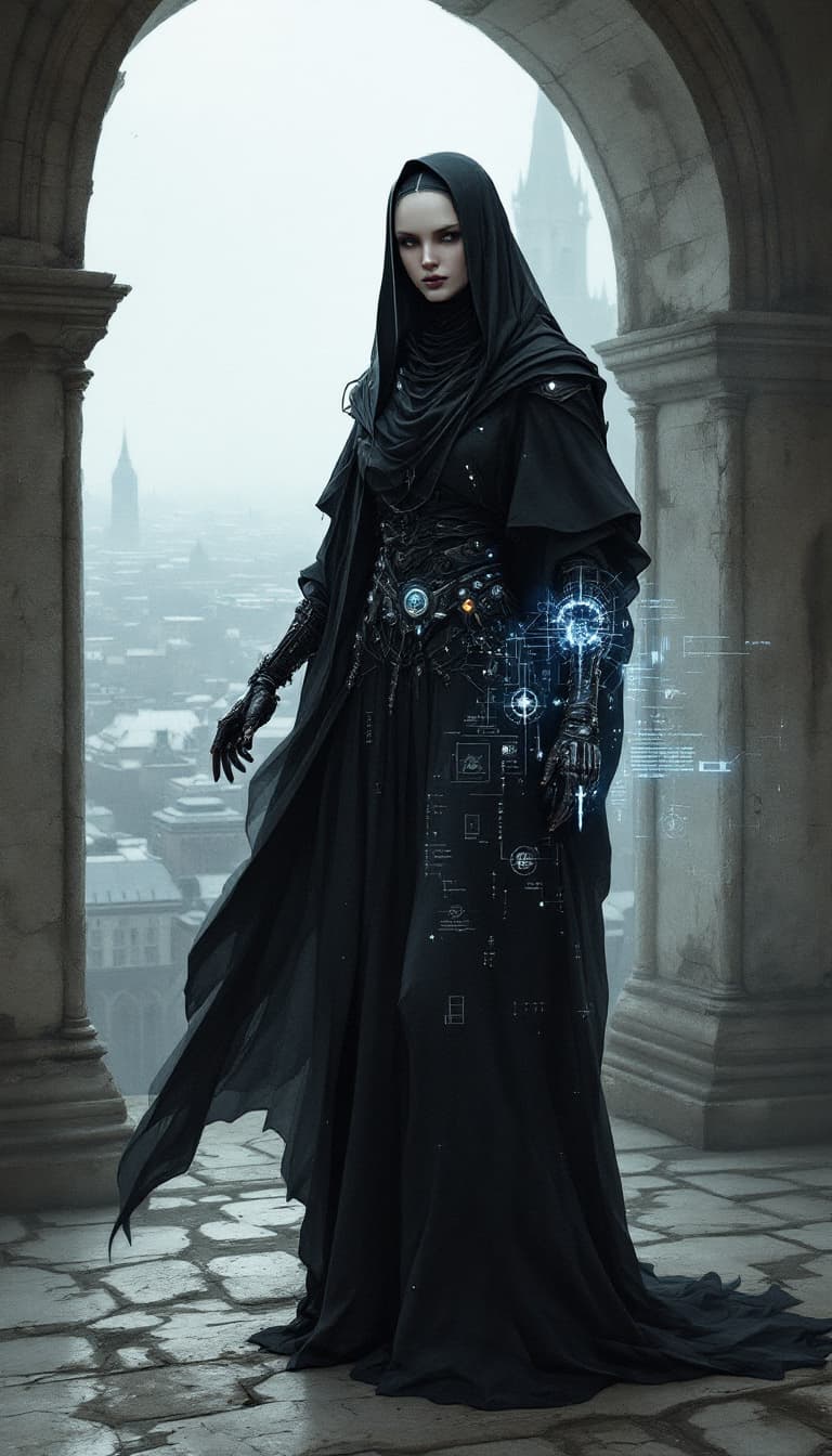AI generated: Conceptual design: Cybernetic Abbess from the Silent Order. This austere graffiti-punk digital water...
