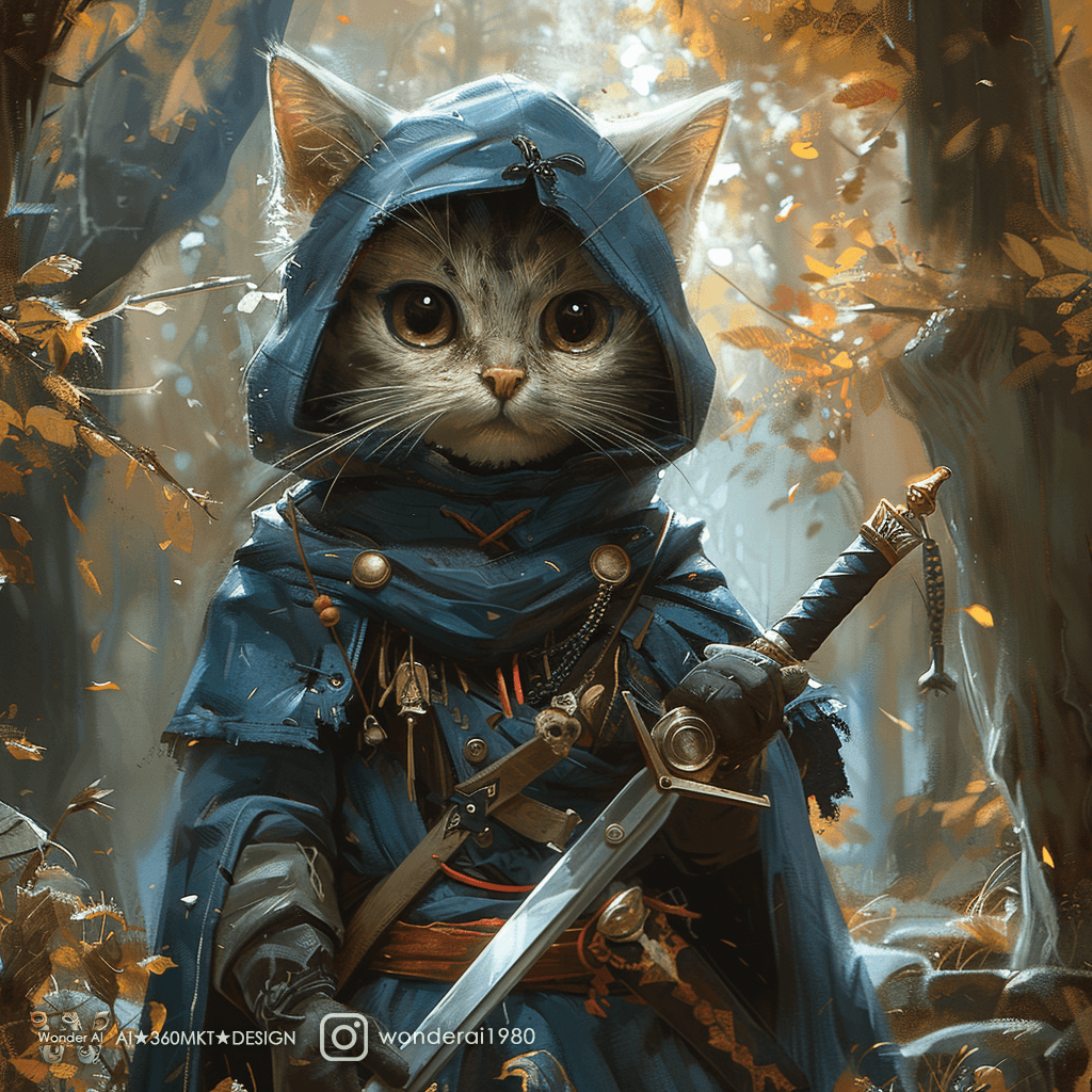 AI generated:  fantasy illustration of a cat holding a sword, in the style of krenz cushart, utilitarian, skottie ...