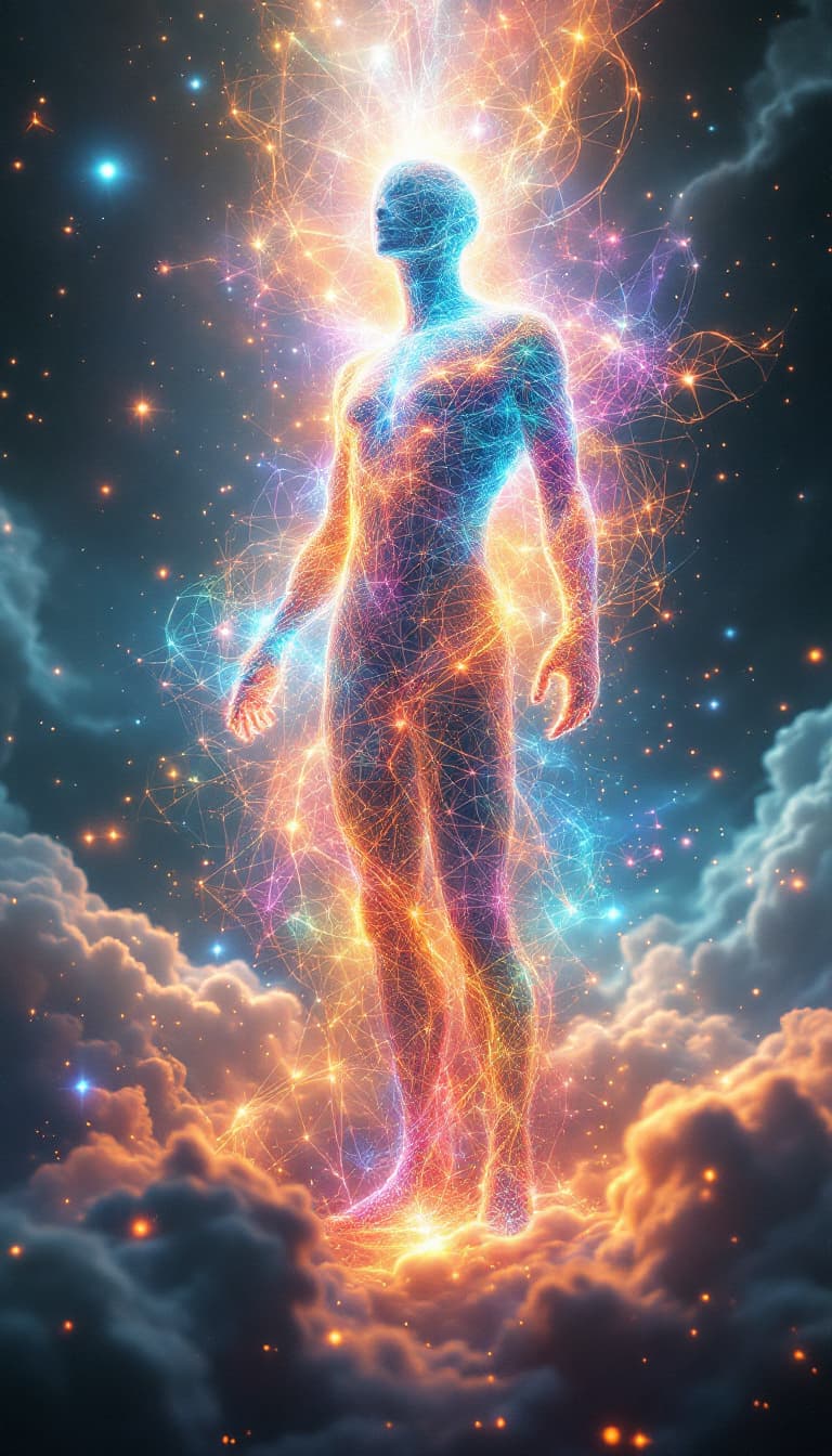 AI generated: A surreal representation of existence as pure energy, showing a humanoid figure made entirely of rad...