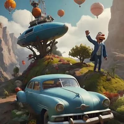 AI generated video: los globos suben y la nave va hacia arriba, el coche corre hacia adelante , el hombre saluda 