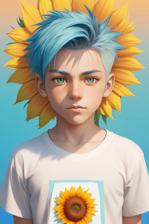 AI generated: stylized digital art portrait of a boy fox with short spiky blue hair, holding a sunflower, he has d...