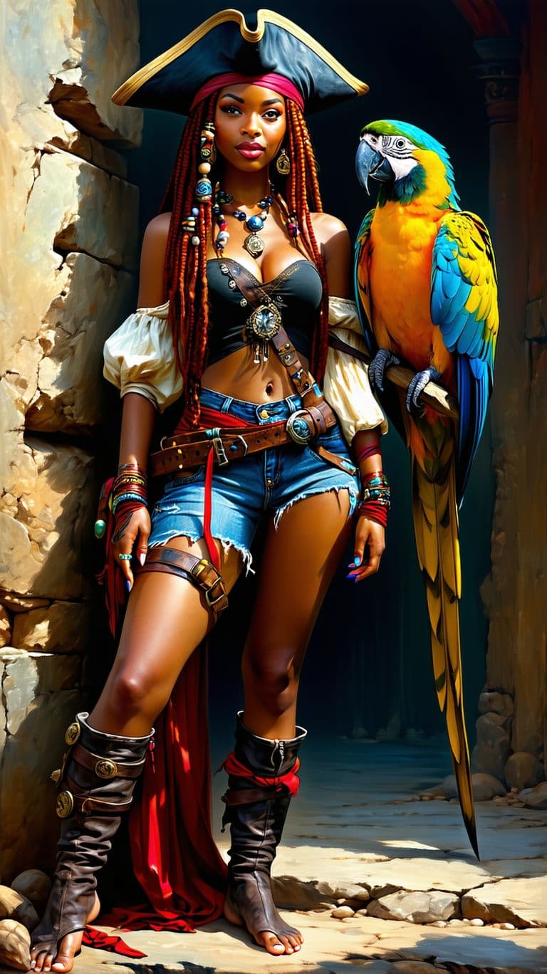 AI generated: Full body view: Centered image.  an beutiful African American pirate lady with red long braided hair...