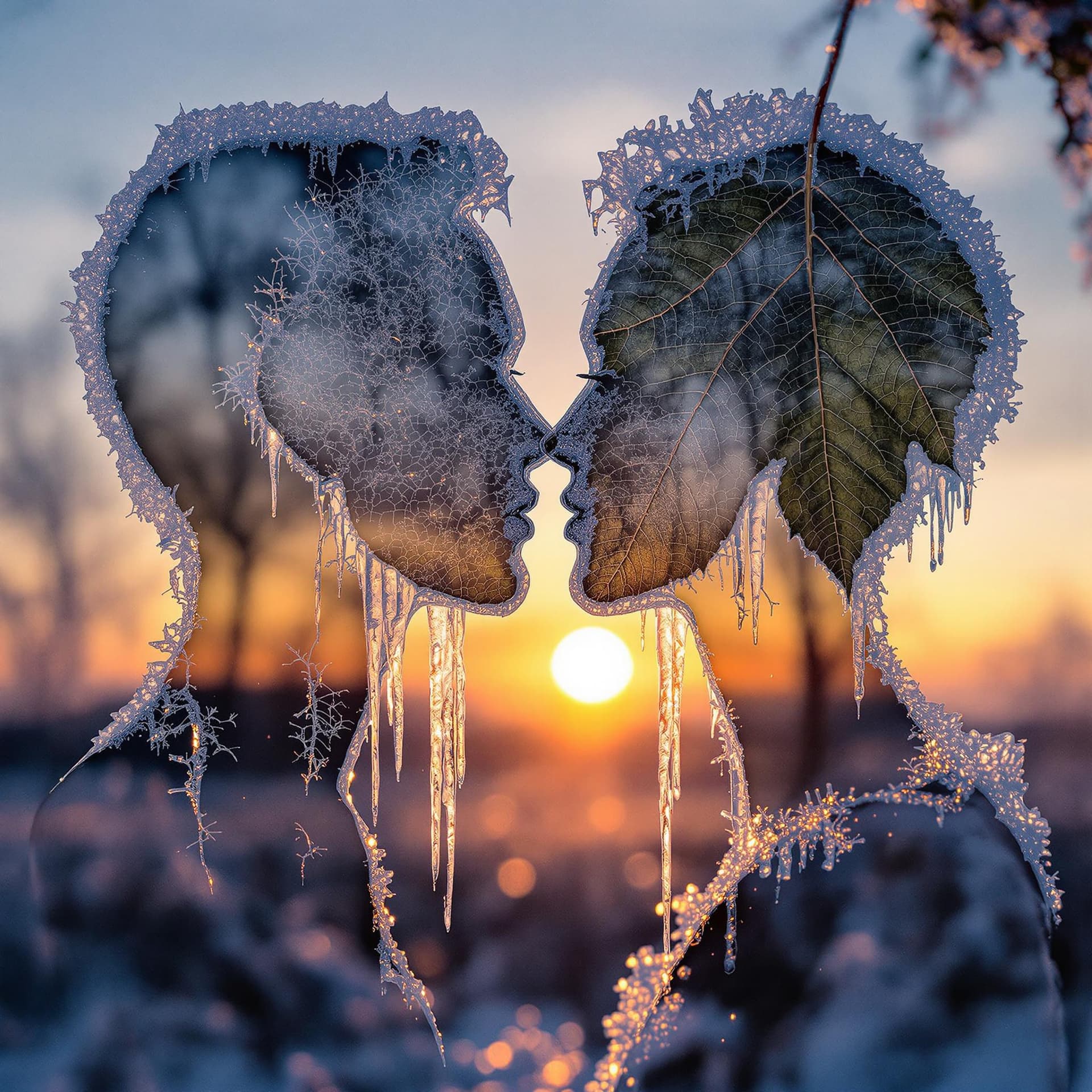 AI generated: A double exposure of the silhouetted face and body, formed from frosty ice crystals, against an even...