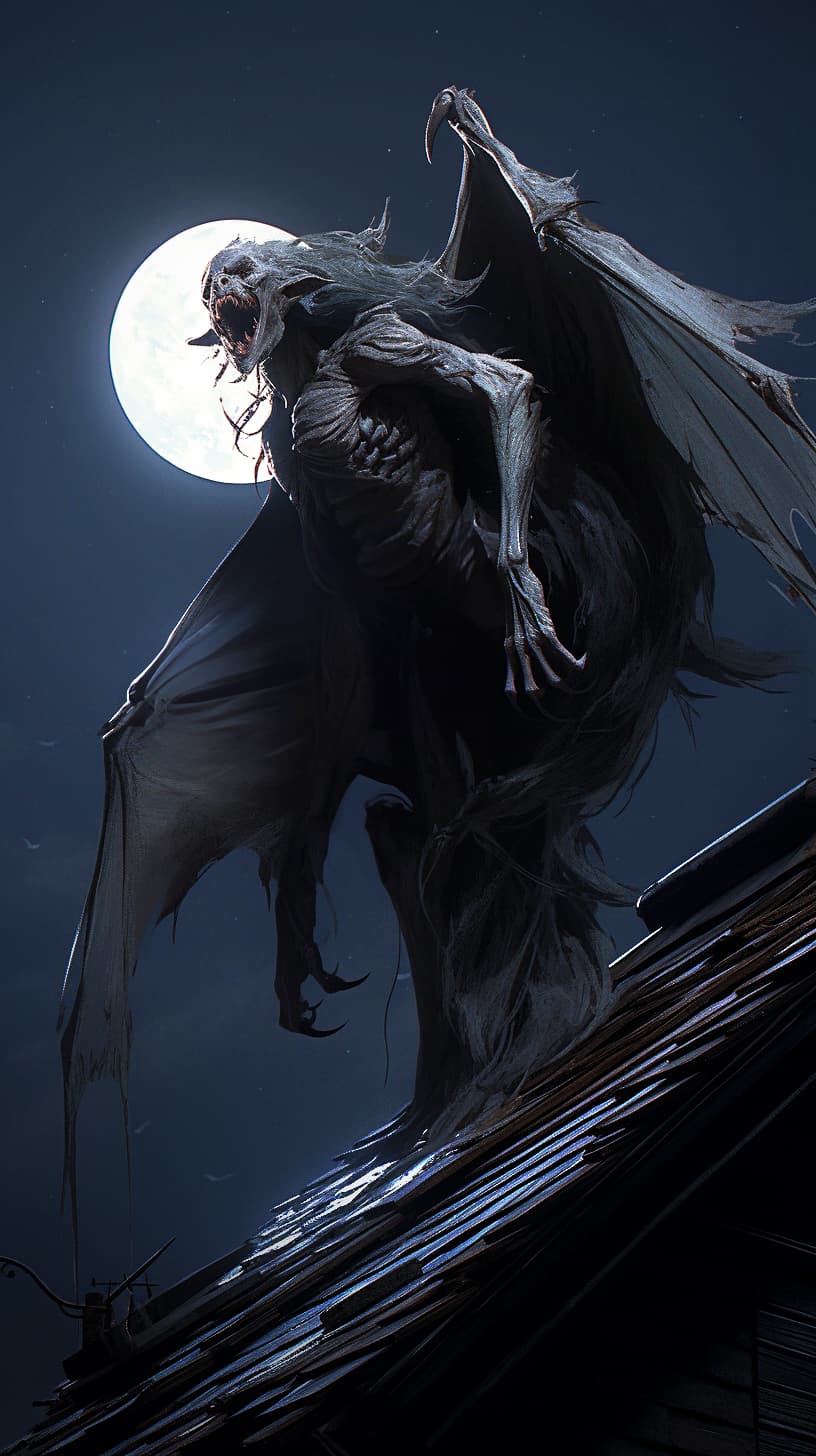 AI generated: Manananggal, female half-body (no lower body part) monster with bat-like wings and fangs, flying nea...