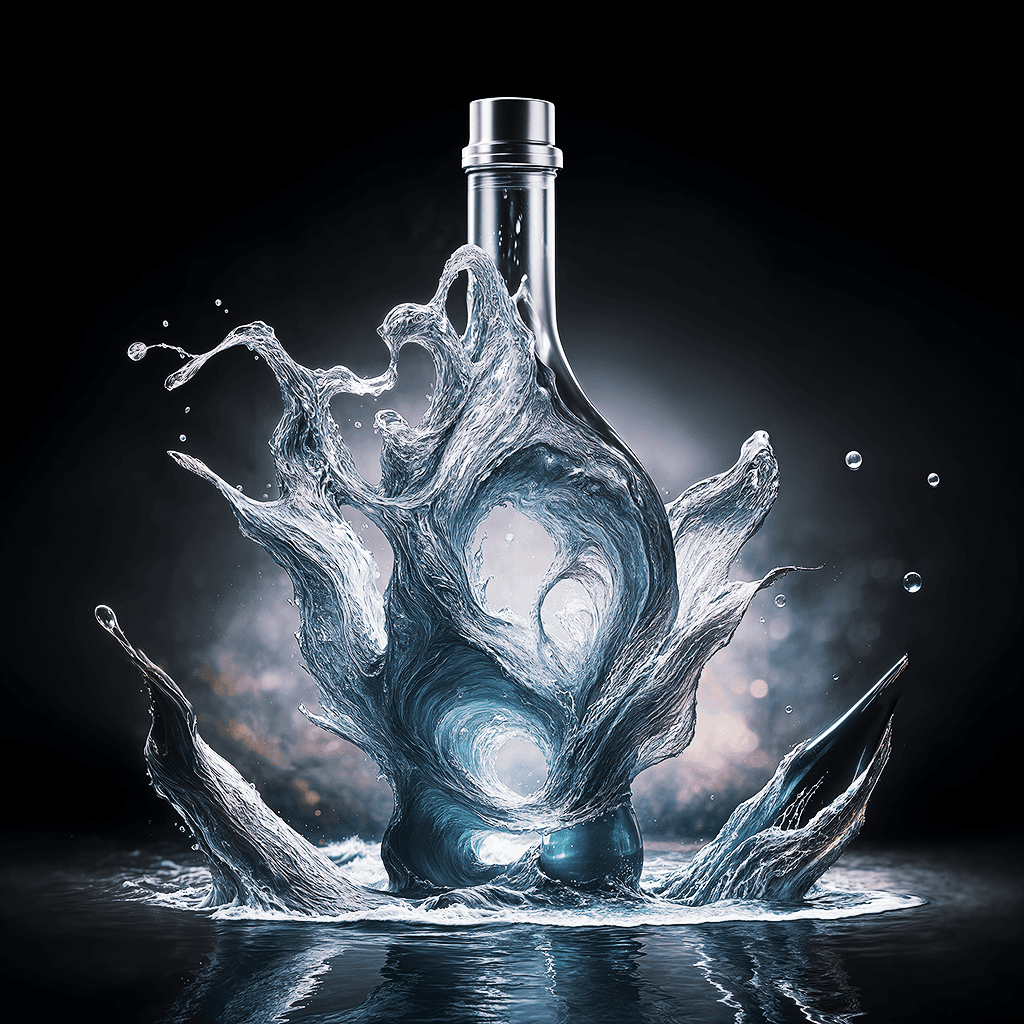 AI generated: Create an image of a unique bottle of vodka sculpted from a splash of water frozen in mid-air. 
[Th...