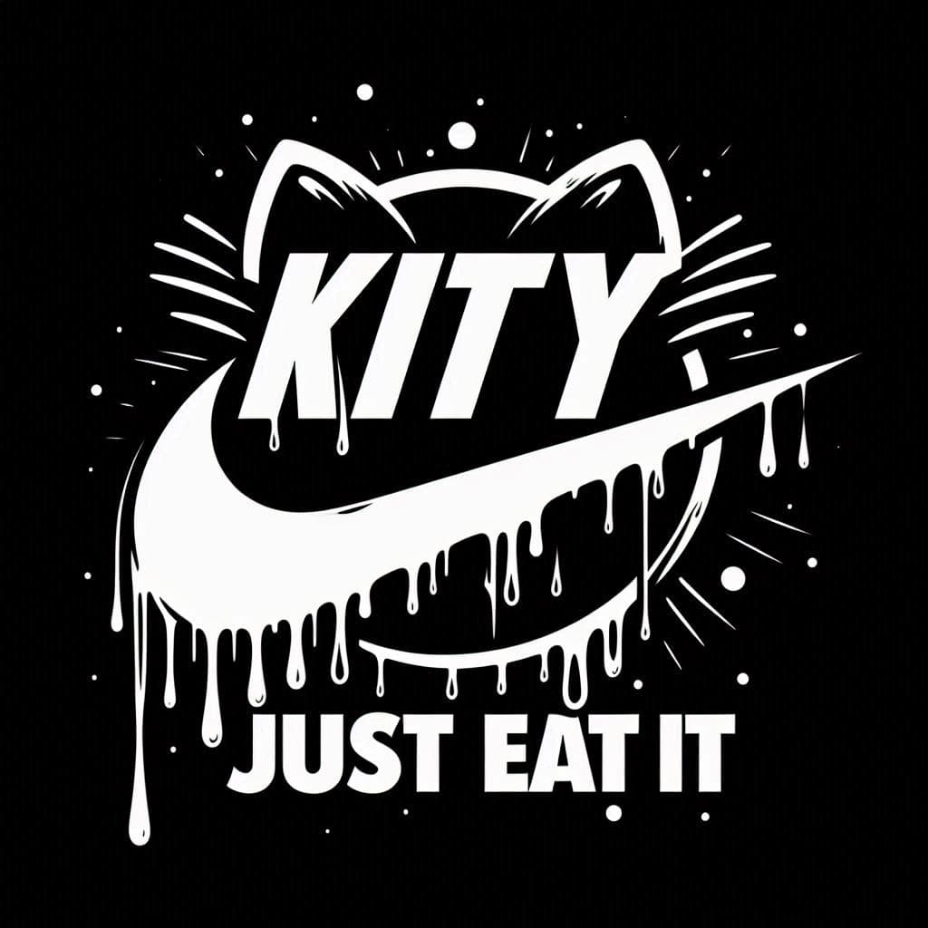 AI generated: Black and White Logo with a Nike symbol on the middle says "Kitty Just Eat It" dripping effects, bla...
