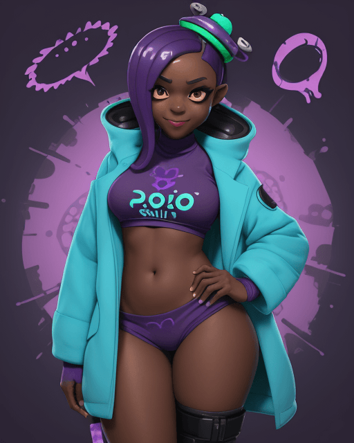 AI generated: Splatoon, octoling, cyan, purple, dark skin, adult, thick thighs, chest, spiral in the background, e...