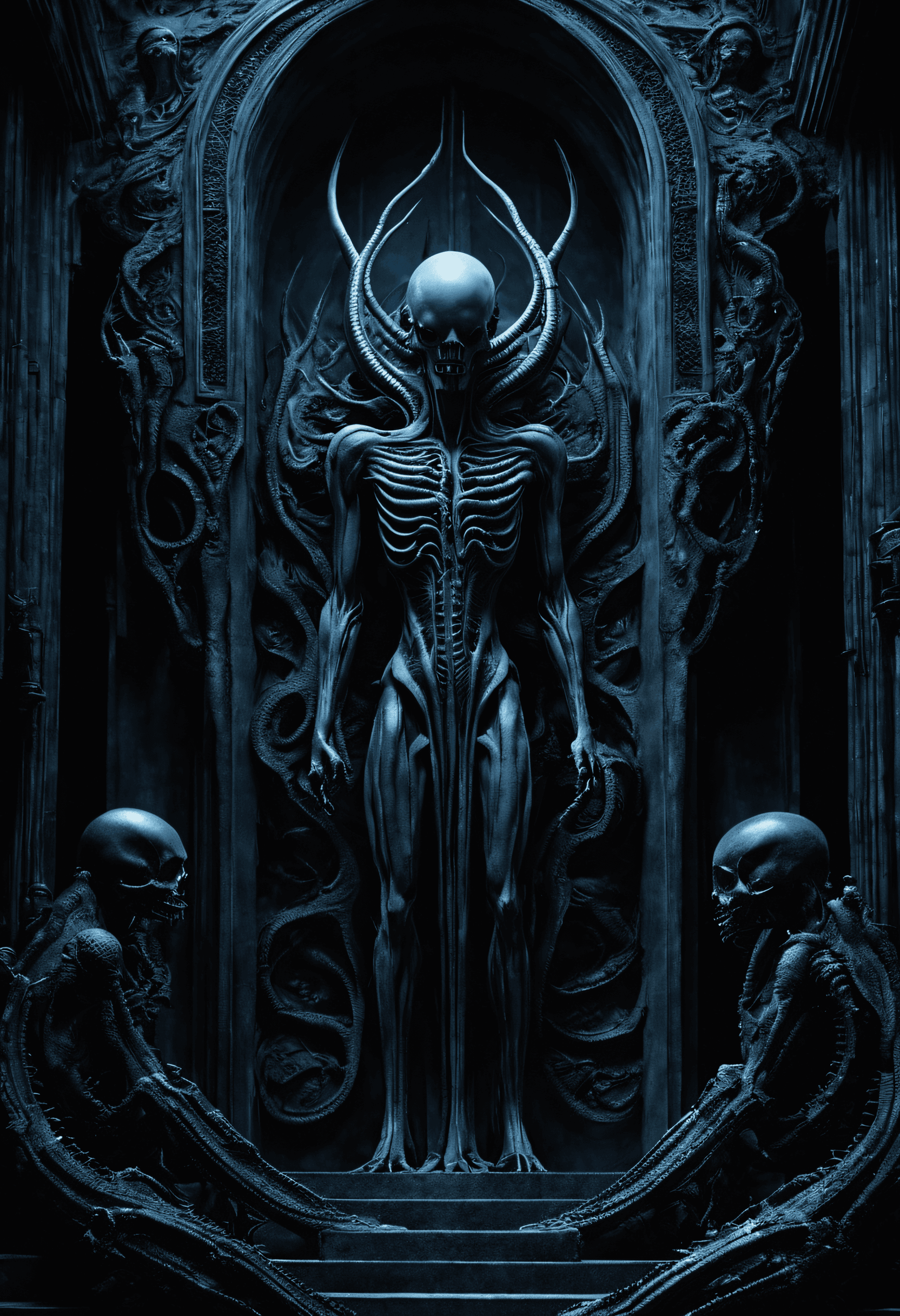 AI generated: In a dark and disturbing scenario that draws influences from H.R. Giger and H.p. Lovecraft, A distur...
