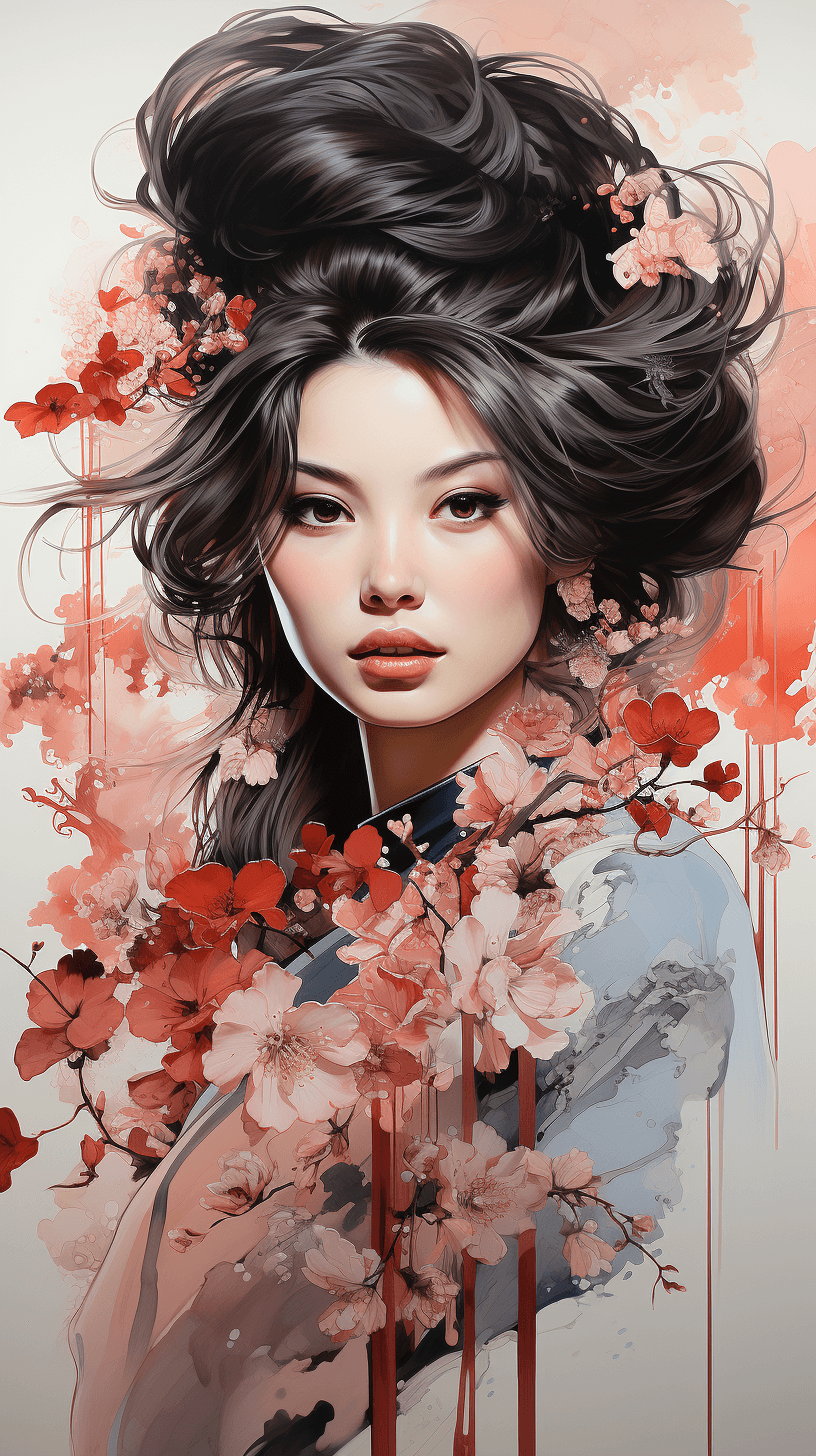 AI generated: A graceful Geisha adorned in a resplendent kimono, adorned with intricate cherry blossom motifs, her...