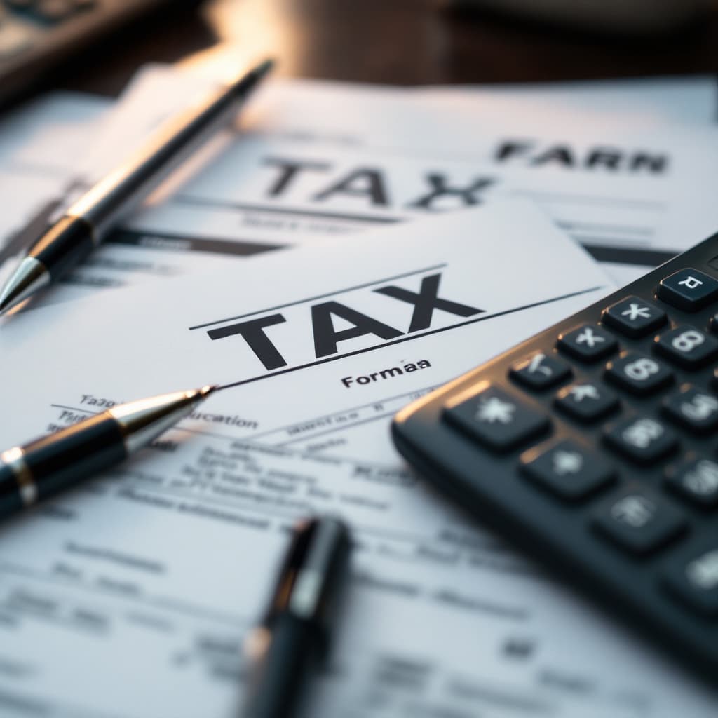 AI generated: A tax form and calculator on a desk. dslr, ultra quality, sharp focus, tack sharp, dof, film grain, ...
