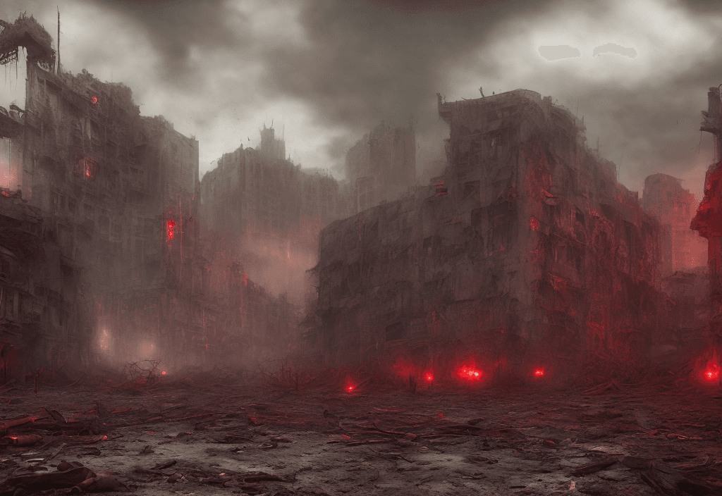 AI generated: dystopian city: Capture the extinct and perverted form of the ruined city in a baroque style photogr...