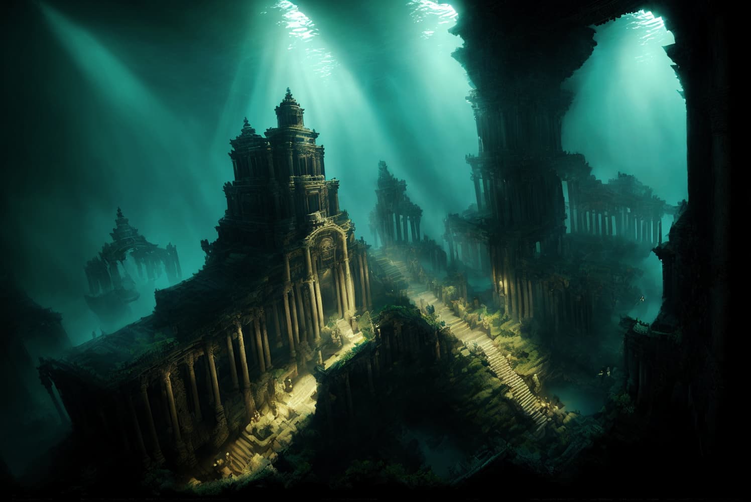 AI generated: (masterpiece), (extremely intricate:1.3), (realistic), underwater majestic hidden temple concealed d...
