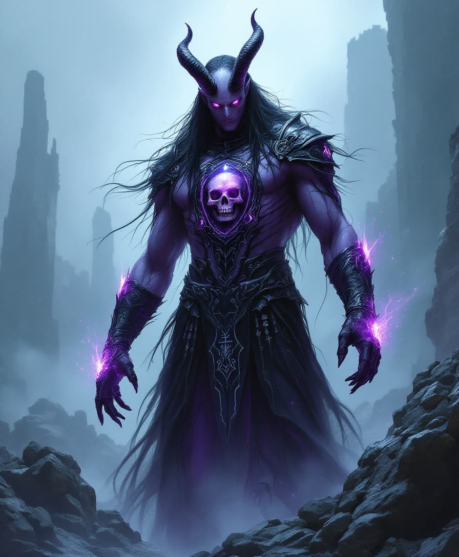 AI generated: A towering, otherworldly figure standing amidst misty, broken ruins. He has smooth, deep violet skin...