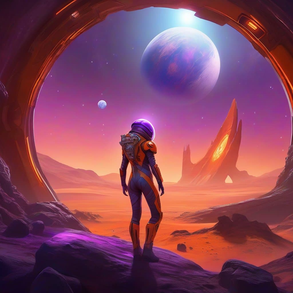 AI generated: highest quality action shot photo of alien planet, (crashed spaceship), huge moon, (orange:7), (purp...