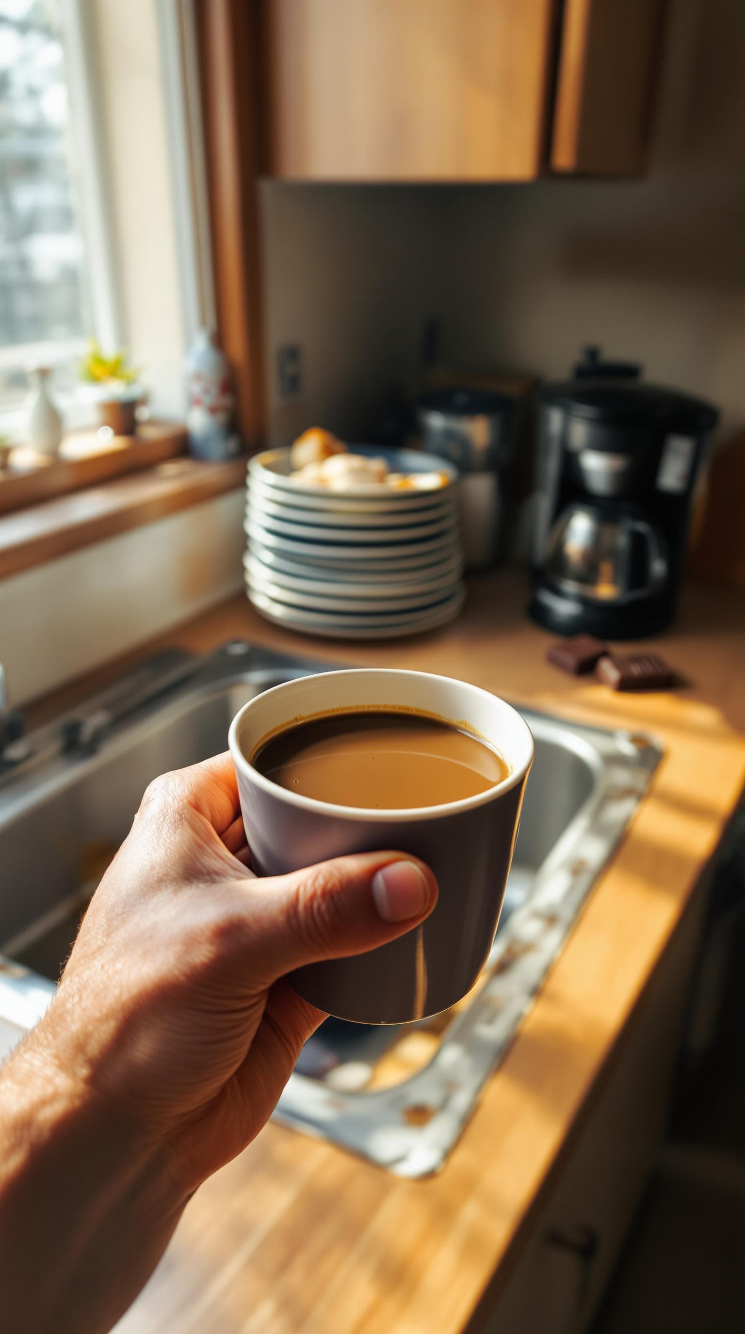 AI generated: POV first-person, I am standing in my kitchen, holding a cup of coffee. Only my hands are visible in...