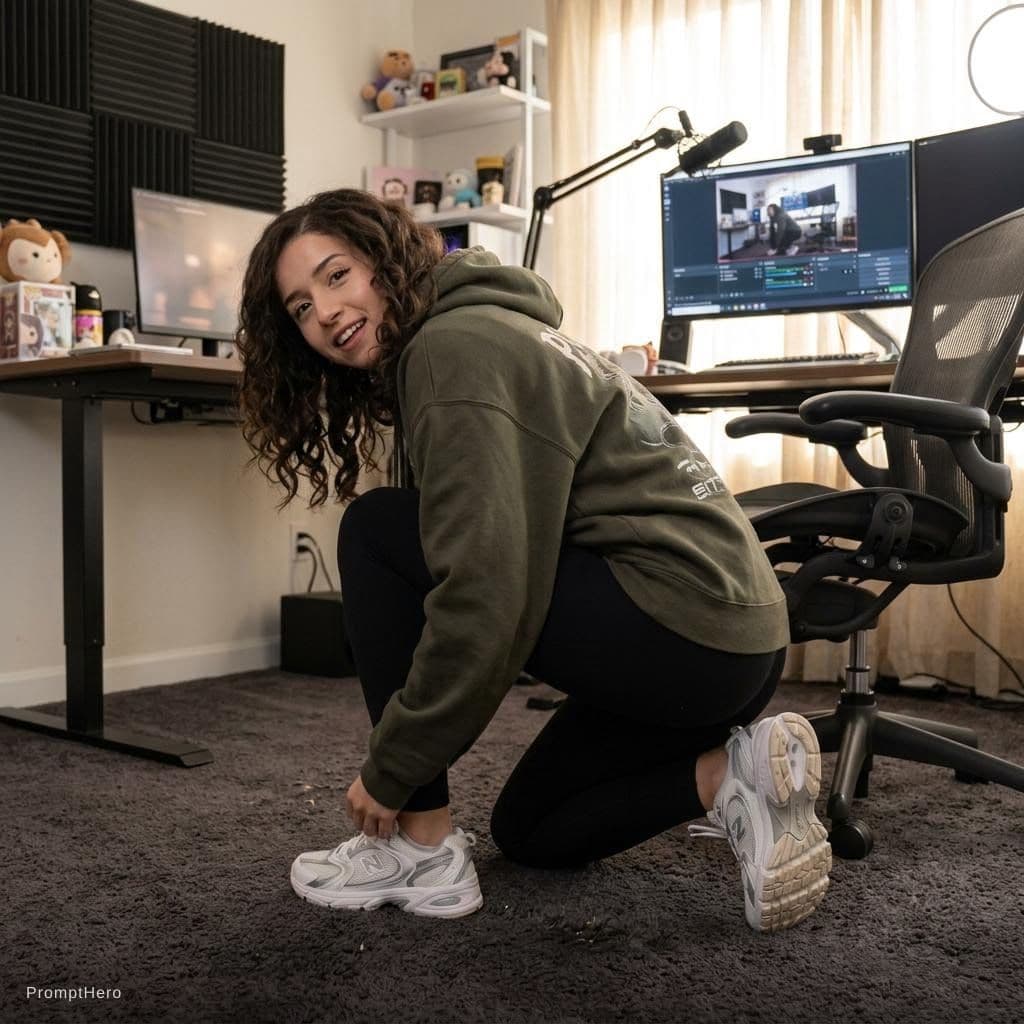 AI generated: generate an image of the streamer pokimane, bent over with soles showing. looking back.