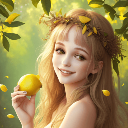 AI generated: Lemon Dream. leaves, twigs, beautiful  woman, easy smile, boho dressed--not naked
