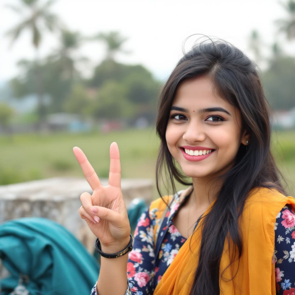 AI generated: Bangladeshi college girl showing v sign and happy face enjoy