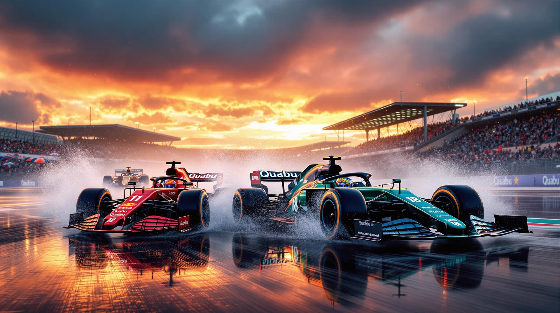 AI generated: A dramatic Formula 1 race is taking place on a professional circuit under heavy rain during a breath...