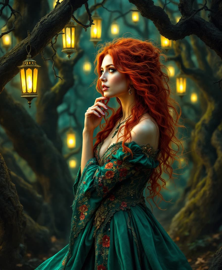 AI generated: A mystical woman with flowing red hair stands amid dark, twisted trees. Dressed in a vibrant teal go...