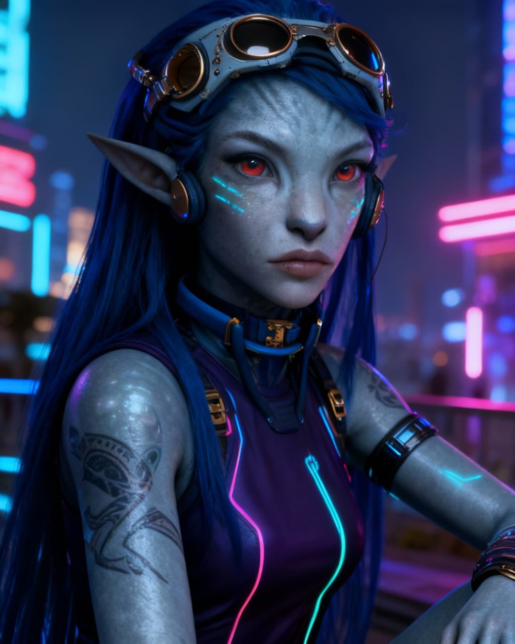 AI generated: Blend anthropomorphic to create a new anthropomorphic, alien hybrid. Give a Nightlife backdrop, and ...