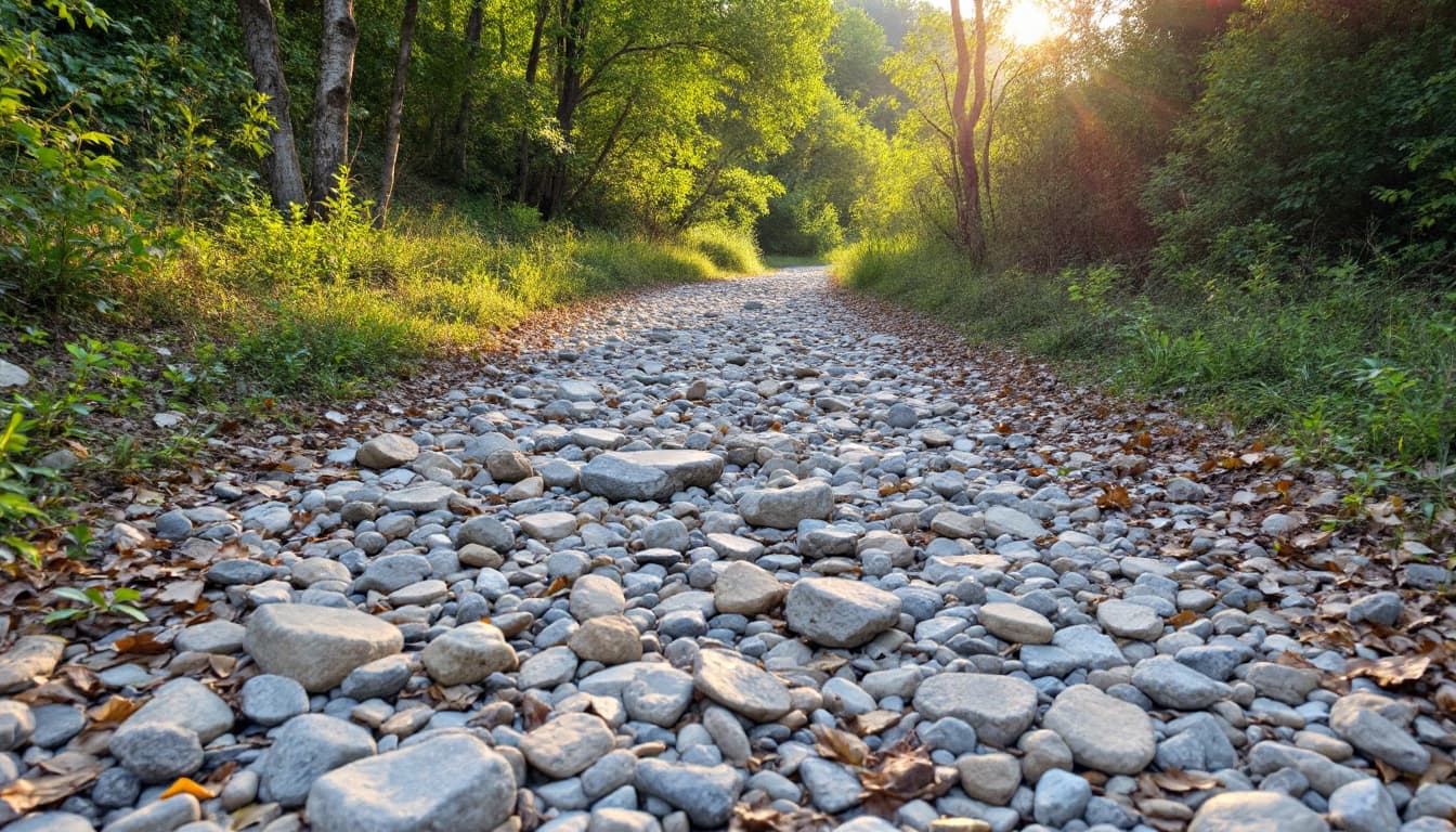 AI generated: Siguiendo las pisadas, que se vean solamente una senda con piedras, en un camino cuyo final es una l...