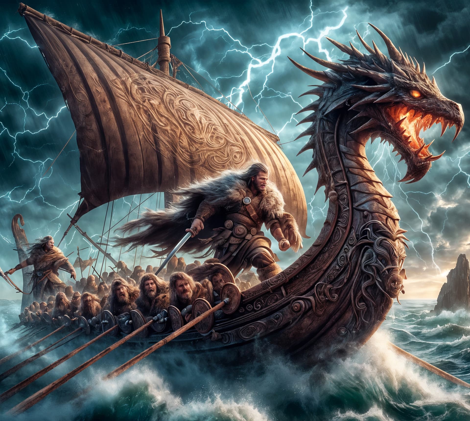 AI generated: A stunning, hyper-realistic painting of a fierce Viking warrior aboard a dragon-headed longship, sai...