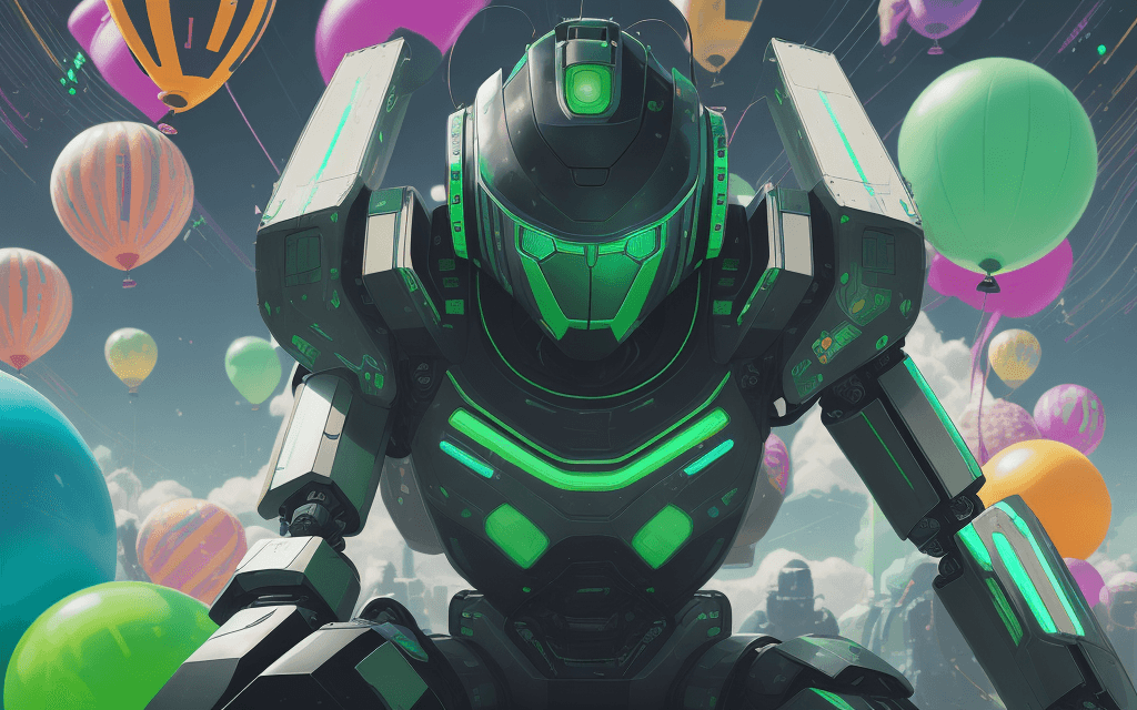 AI generated:  a close up of a poster with a robot sitting on top of a bunch of balloons, inspired by Mike Winkelm...