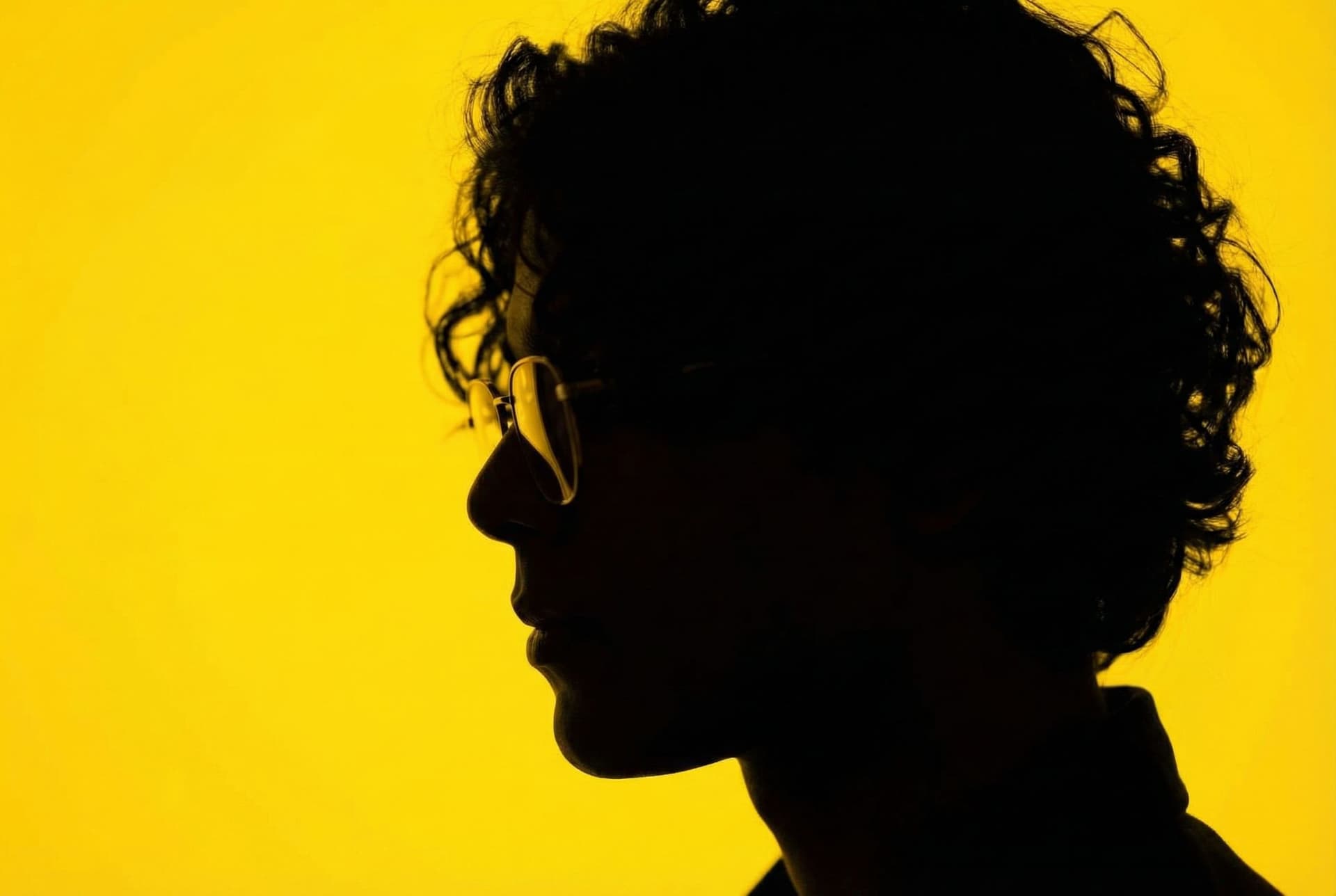 AI generated: photography, portrait of contrast, profile silhouette of given image vibrant hot yello backdrop, vis...