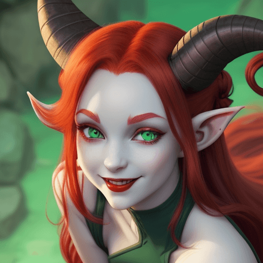 AI generated: Tiefling woman barde short dress long red hair two horns and two side buns pale skin green bright ey...