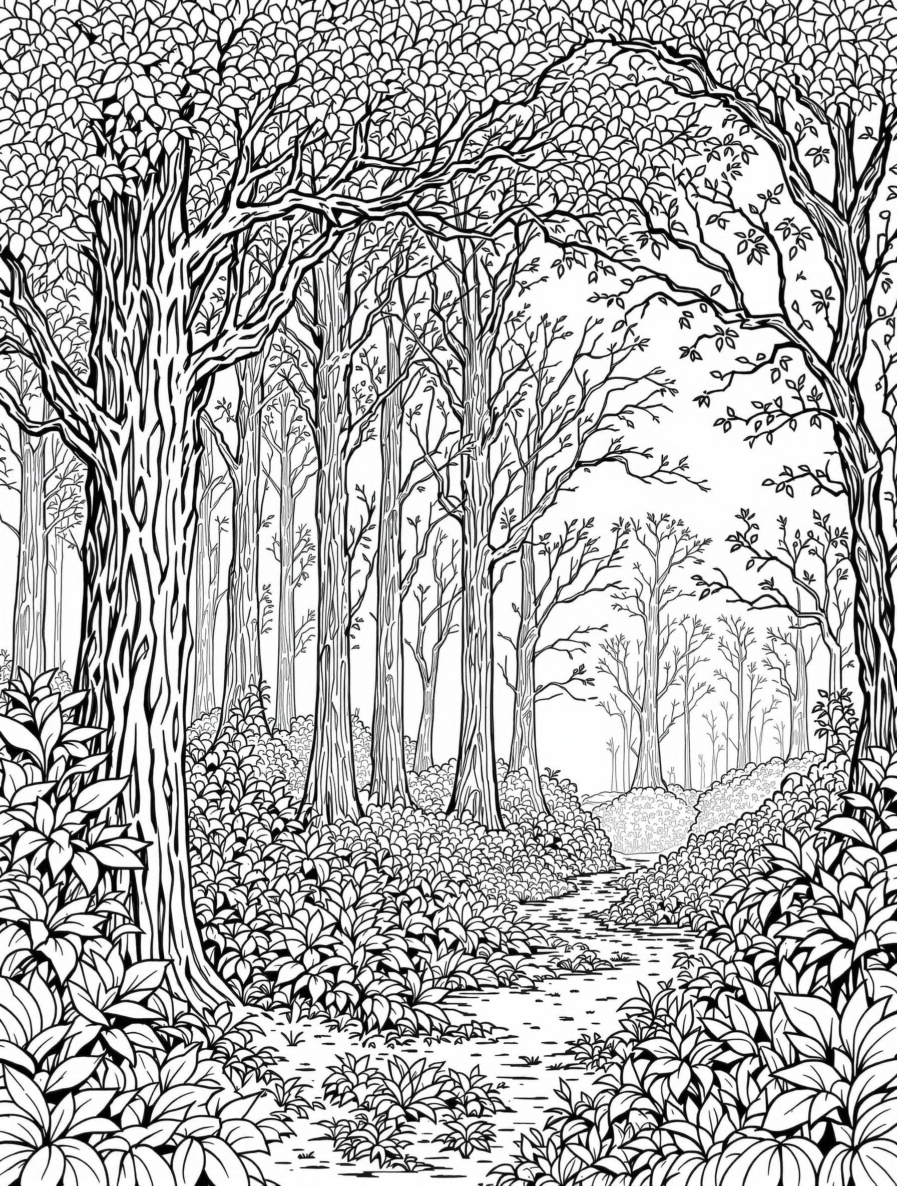 AI generated: "Black and white line drawing {Highly detailed line art of a tranquil forest with tall trees, delica...