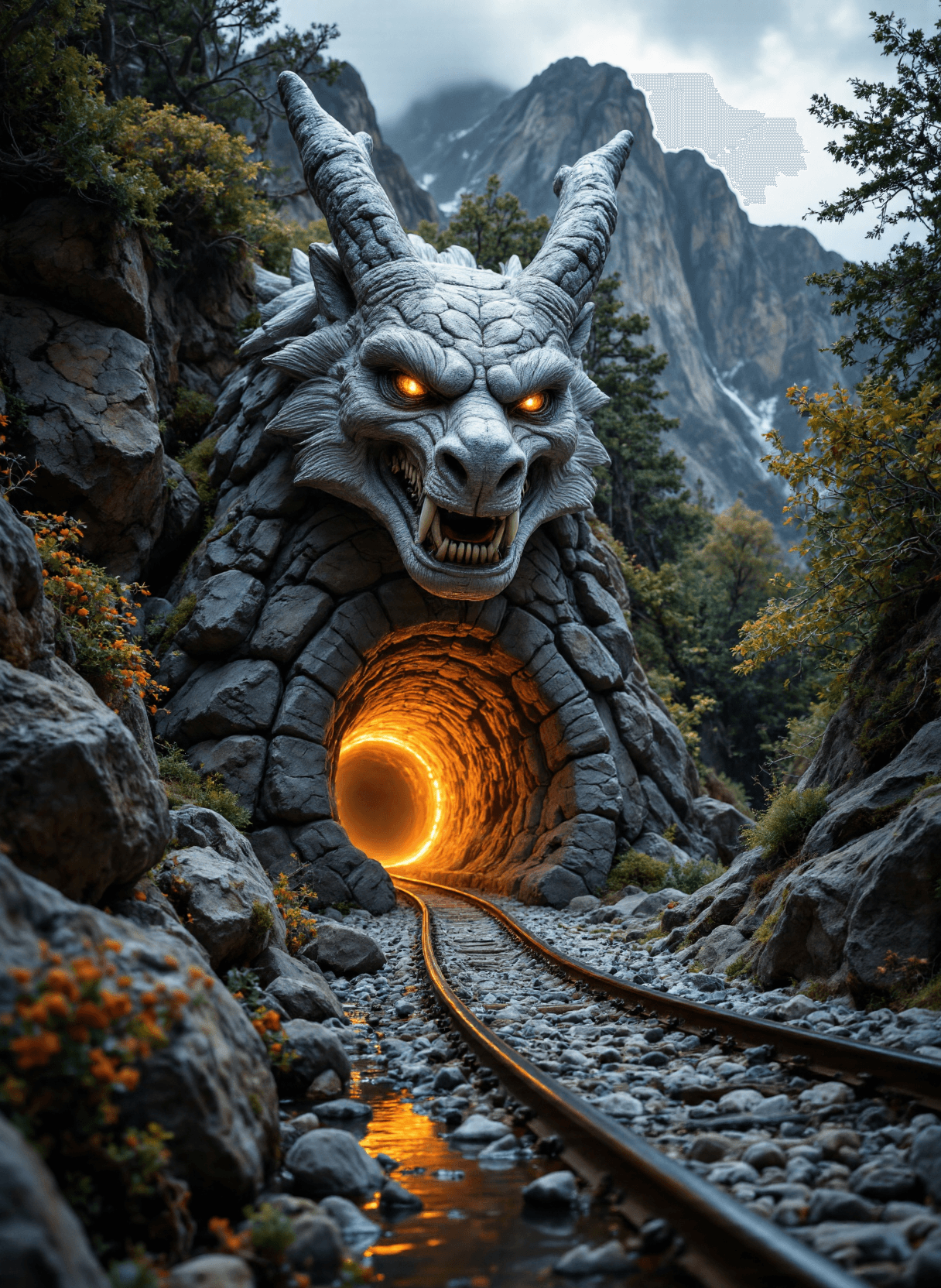 AI generated: The image depicts a large, intricately carved stone dragon head emerging from a rocky hillside. The ...