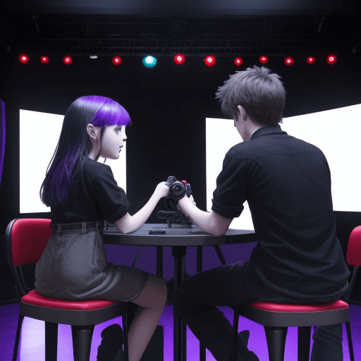 AI generated: A girl and a guy are sitting at a table with a red button on the table,they are in the video studio,...