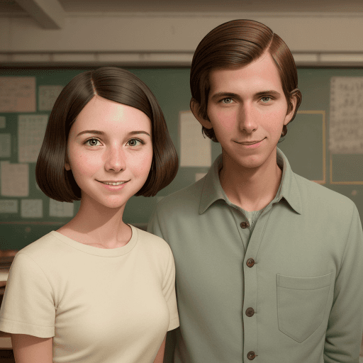 AI generated: a student girl  happy and smiling  Standing next to the teacher,  with a sleek bobbed hairstyle
 cut...