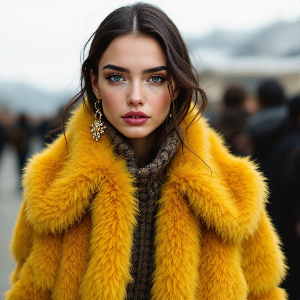 AI generated: model is wearing a yellow fur coat s
