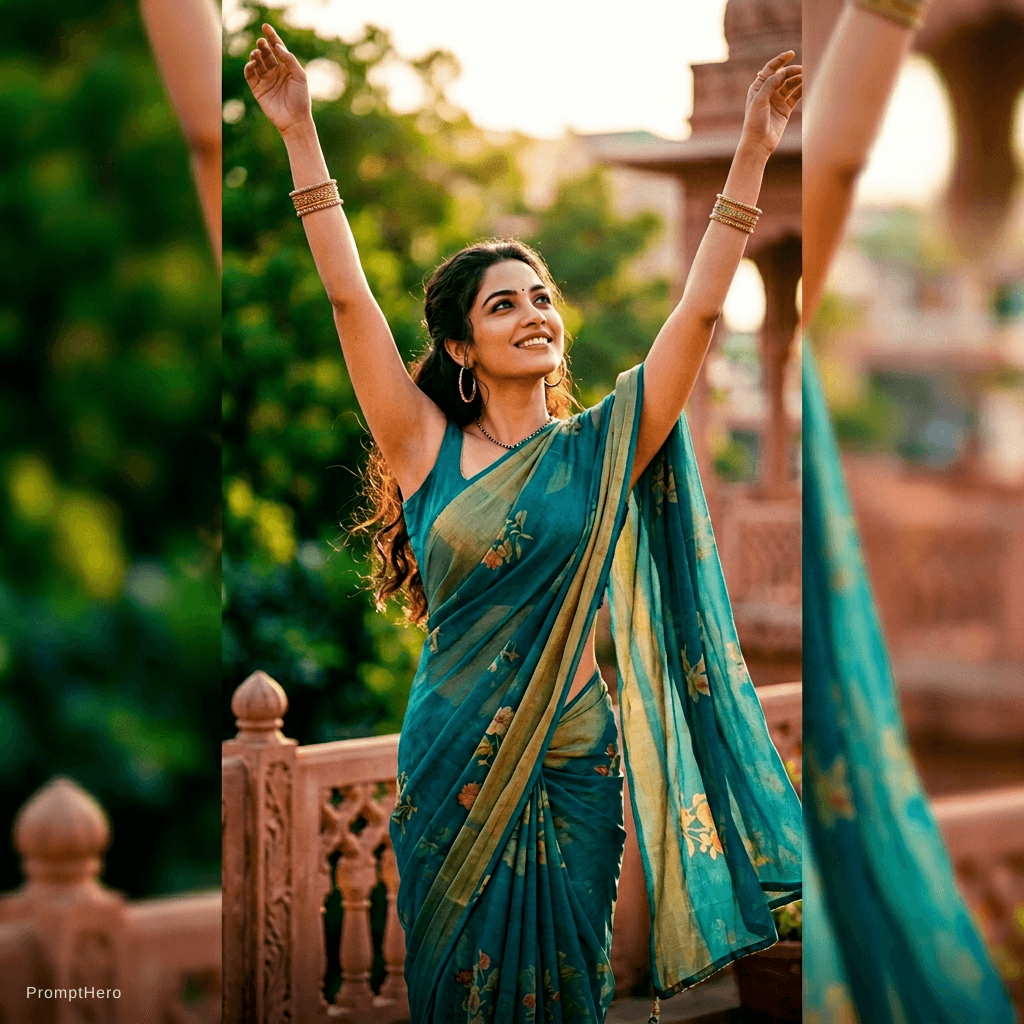 AI generated: A vertical 9:16 ratio wallpaper of hot indian woman wearing loose sleeveless saree and raising both ...