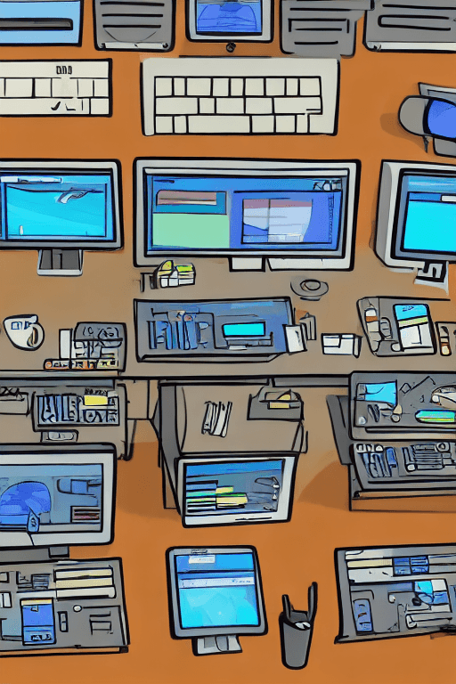 AI generated: futuristic trading desk many monitors cartoon
