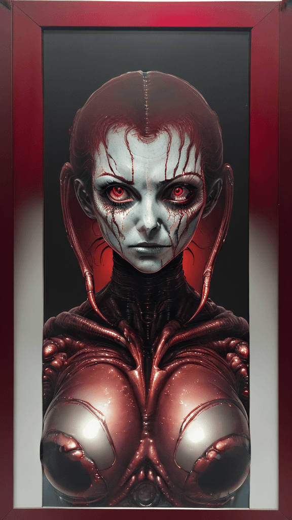 AI generated: ultra HD "complex-inducing ((Alien:2.3)) RFKTR-style headshot framed transparent ruby red in the sty...