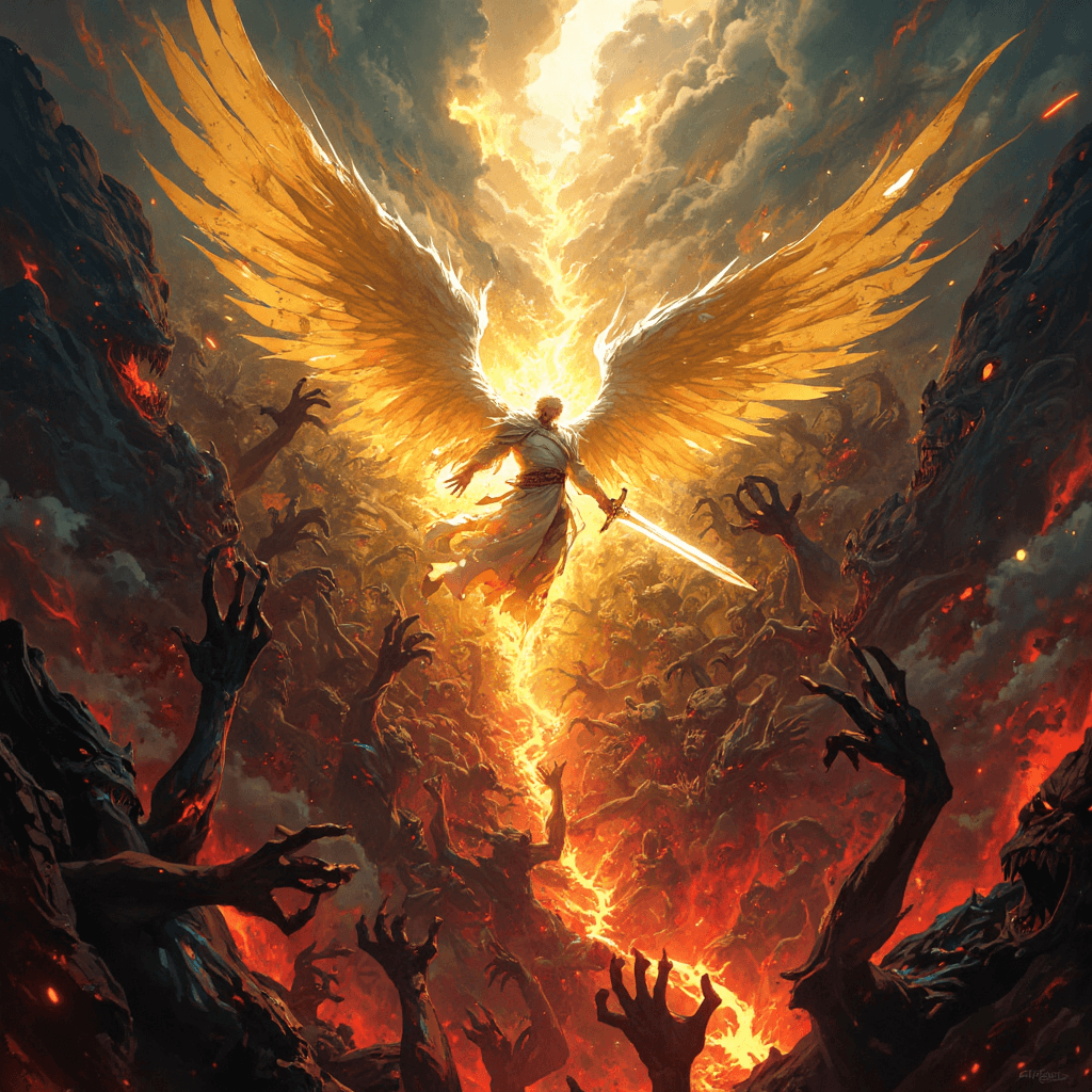 AI generated: A chaotic and vivid depiction of an archangel’s desperate escape from hell (1.5), bursting through a...
