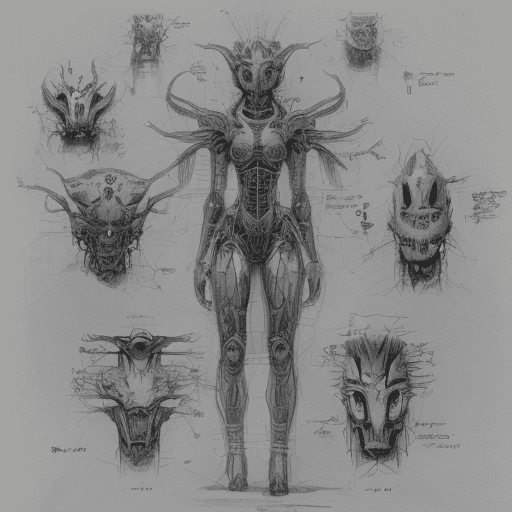 AI generated: An imaginative depiction of humanoid alien anatomy and spacecraft schematics. The image includes det...