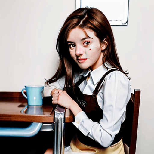 AI generated:  girl with brown hair sitting in a highchair while wearing a bib 
