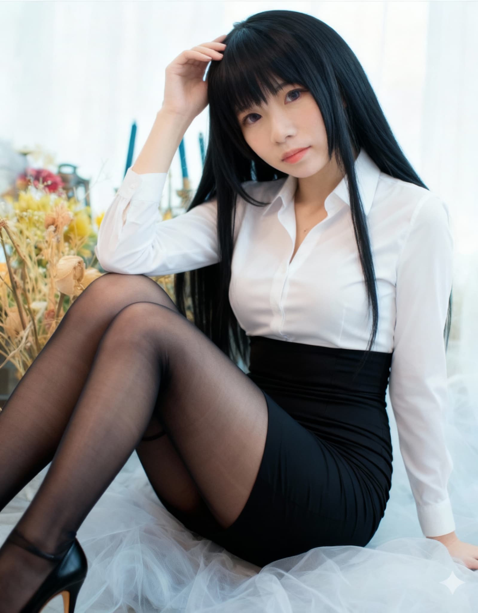 AI generated: a woman wearing professional OL office lady style, white blouse, tight black pencil skirt, sheer bla...