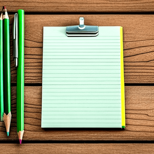AI generated: open notepad with blank pages, on a Swedish pine wooden floor, pencil, green crayon, pen

