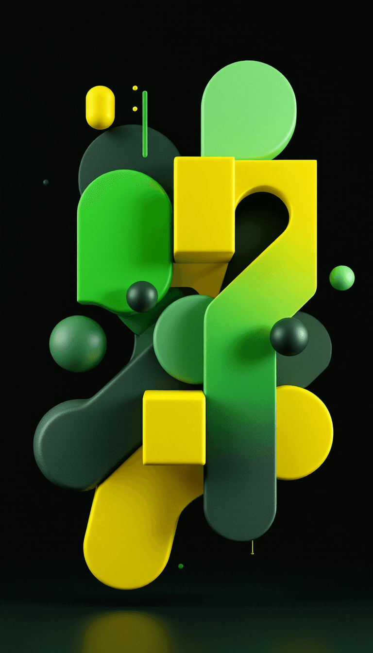 AI generated: 3D geometric shape composition, vivid green and yellow, dark grey colored, various sleek texture, tr...
