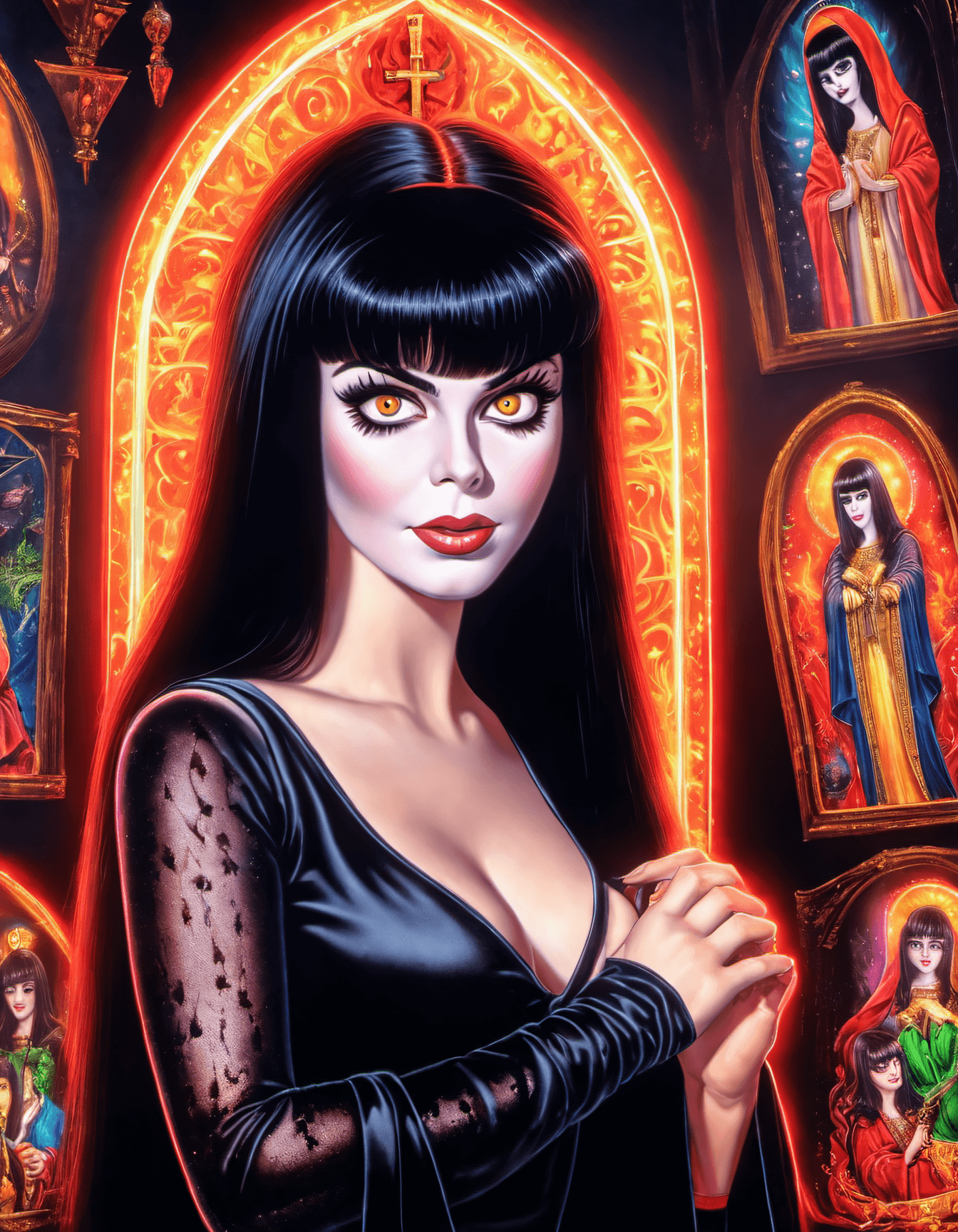 AI generated: Masterpiece, Best Quality, Kitschy black velvet painting , a teenage girl , Glowing colors, Elvira p...