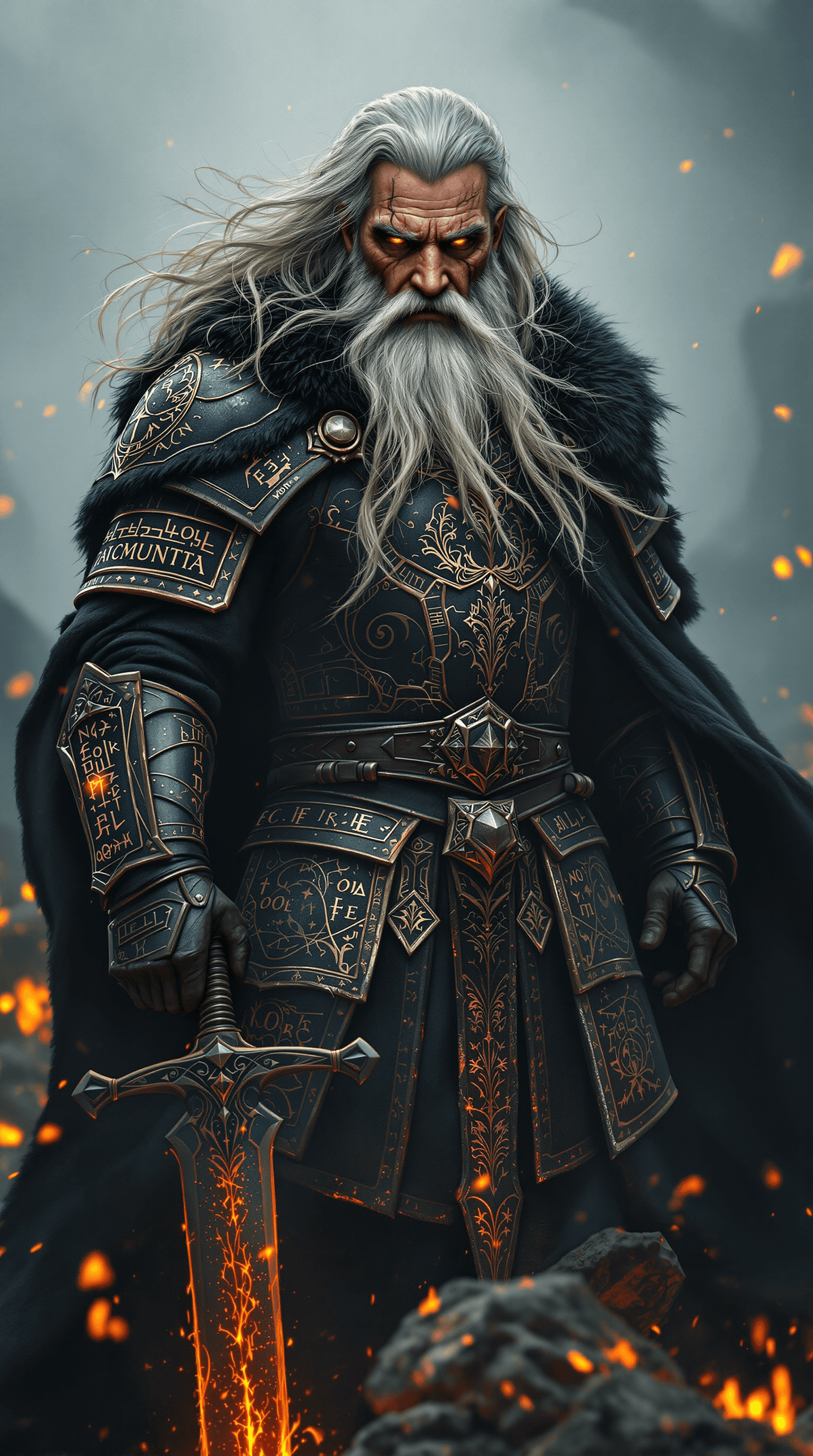 AI generated: A powerful, battle-hardened elder warrior stands amidst the embers of a fading battlefield. His long...